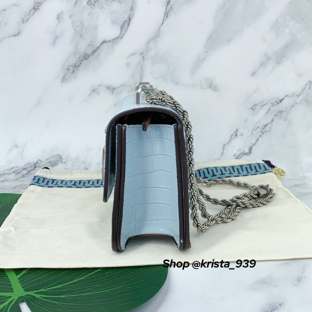 TORY BURCH ELEANOR SMALL Convertible Bag croc-embossed Blue Mist Leather - Picture 6 of 10